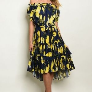 Short sleeve off the shoulder lemon print dress